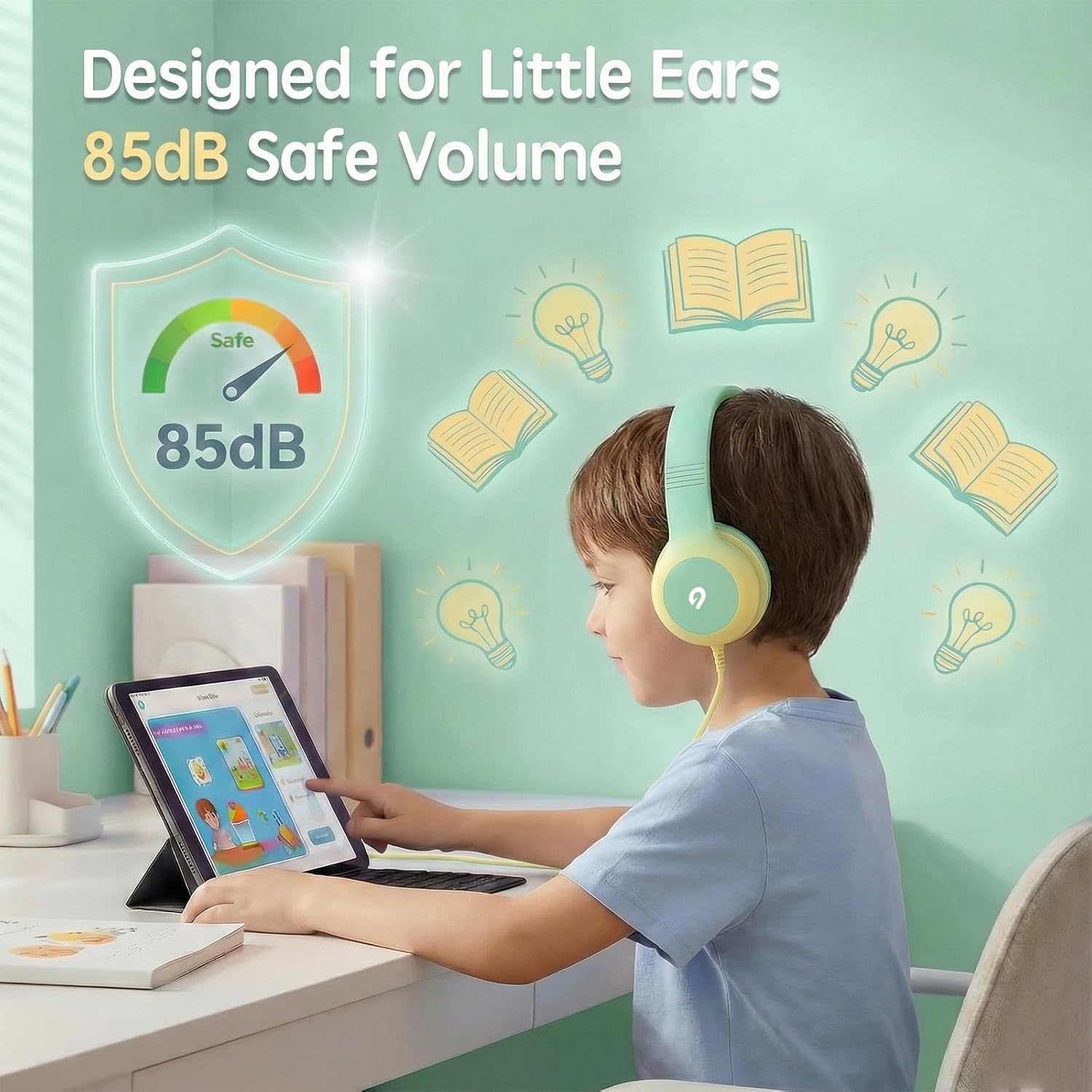 ADOOPE Wired Kids Headphones with USB C Plug, 85dB Safe Volume, Adjustable Headband, Tangle-Free Cord Headphones for School, Tablet, Travel (Mint Green & Cream Yellow, Without Microphone)