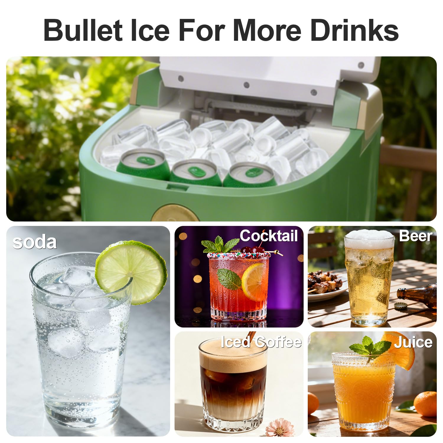 GSEICE Countertop Ice Maker Machine, 9 Ice Cubes Ready in 5 Mins, 12V Ice Maker in Car, 30lbs in 24Hrs, 4 Sizes Ice Support, Portable Ice Maker with Basket and Scoop, for Car/Home/Kitchen/Camping/RV