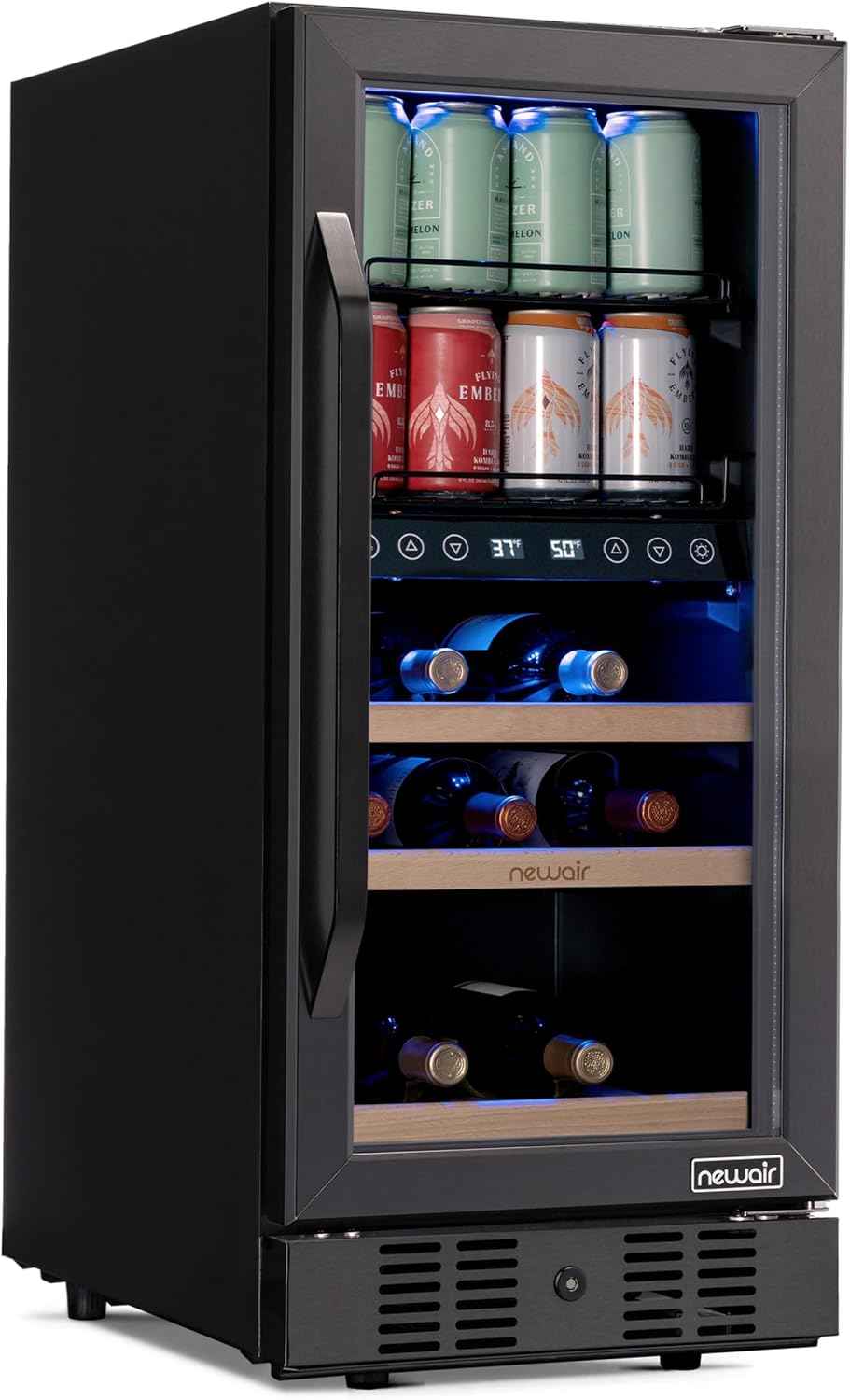 NewAir 15" Wine and Beverage Refrigerator 9 Bottle and 48 Can Capacity, Beverage Cooler in Stainless Steel, Built-in or Freestanding Dual Zone Drink Fridge with Triple-Pane Glass Door