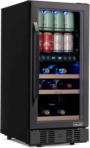 NewAir 15" Wine and Beverage Refrigerator 9 Bottle and 48 Can Capacity, Beverage Cooler in Stainless Steel, Built-in or Freestanding Dual Zone Drink Fridge with Triple-Pane Glass Door