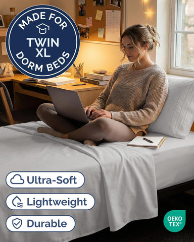 Twin XL 3 Piece Sheet Set - College Dorm Room Essentials - French Grey