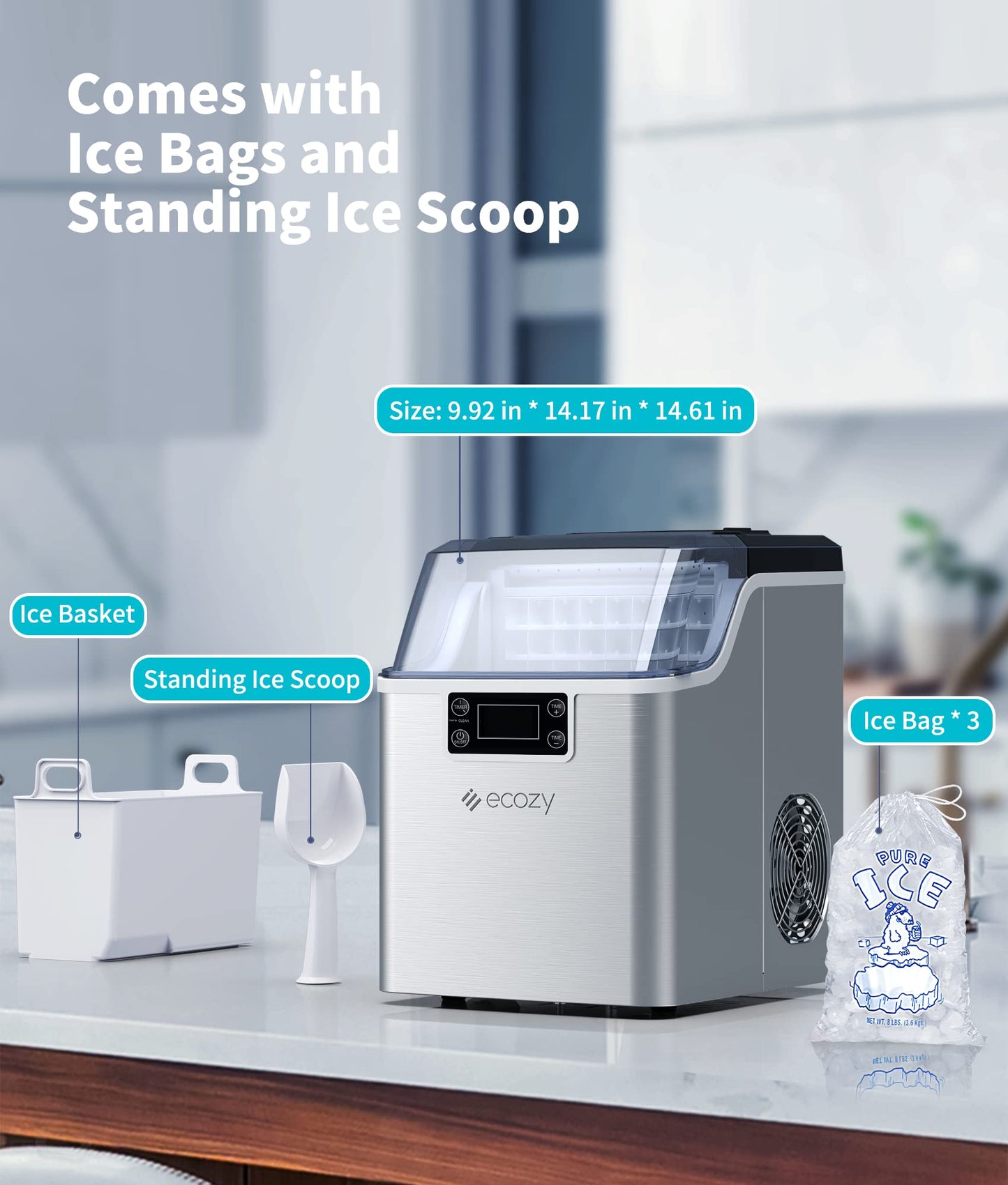 ecozy Countertop Ice Makers, 45lbs Per Day, 24 Cubes Ready in 13 Mins, Stainless Steel Housing, Auto Self-Cleaning Ice Maker with Ice Bags and Ice Scoop for Kitchen Office Bar Party