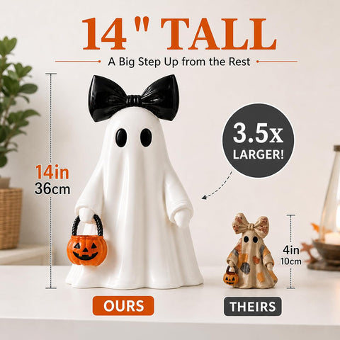 14 in Large Lighted White Ghost Figurine with Pumpkin Lantern&Remote Timer