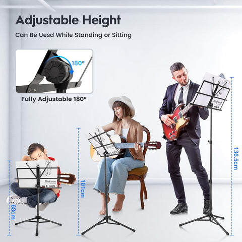 New Bee Music Stand Foldable & Portable Metal Sheet Music Stand with Carrying Bag, Adjustable Podium Stand with Tripod Base and Sheet Music Folder - Black