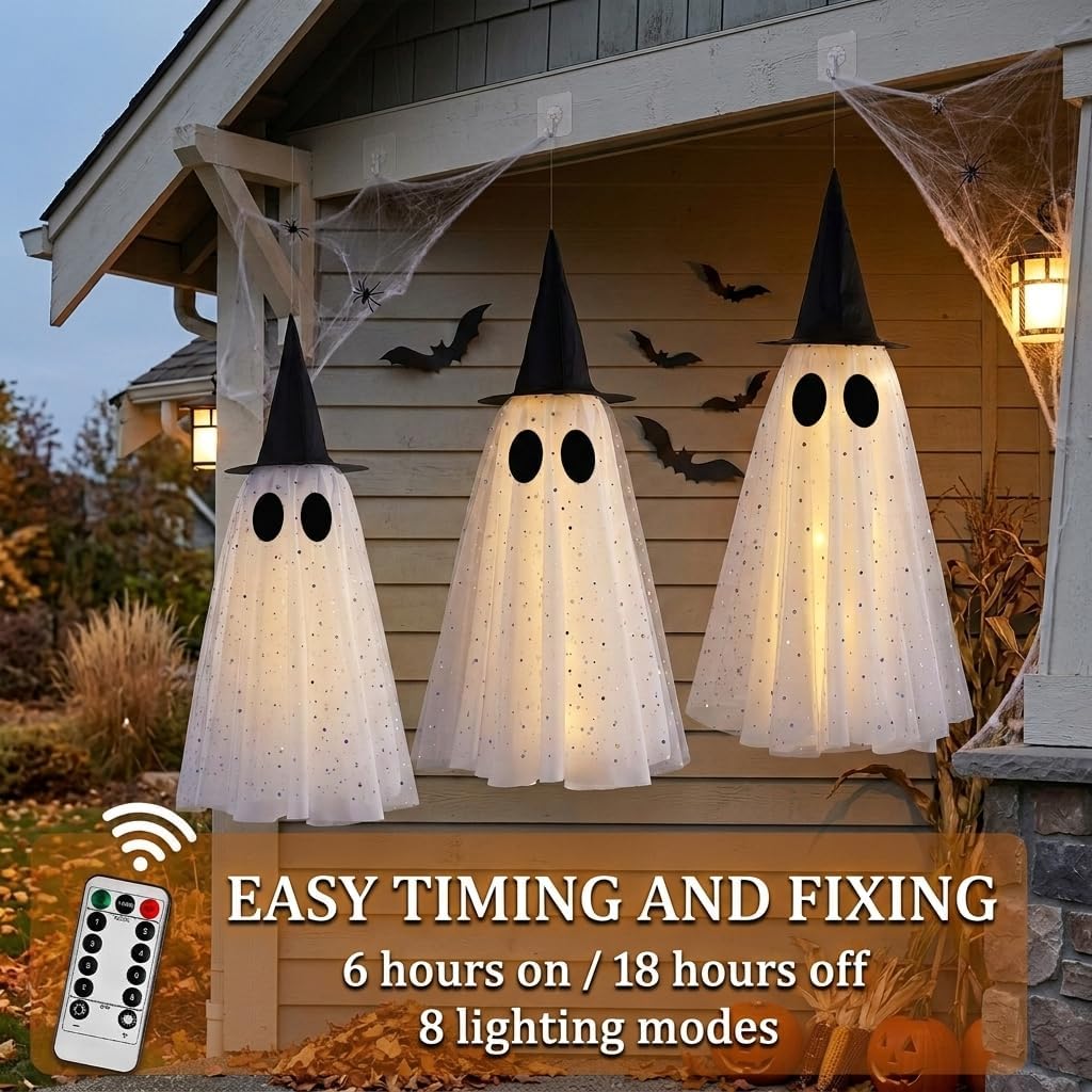 Halloween Hanging Ghost with Witch Hat, Halloween Ghost Decorations Outdoor