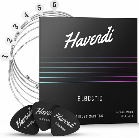 HAVENDI® Guitar Strings electric guitar - brilliant sound quality strings made of steel for electric guitar coated with nickel (6 string set) incl. 3 picks
