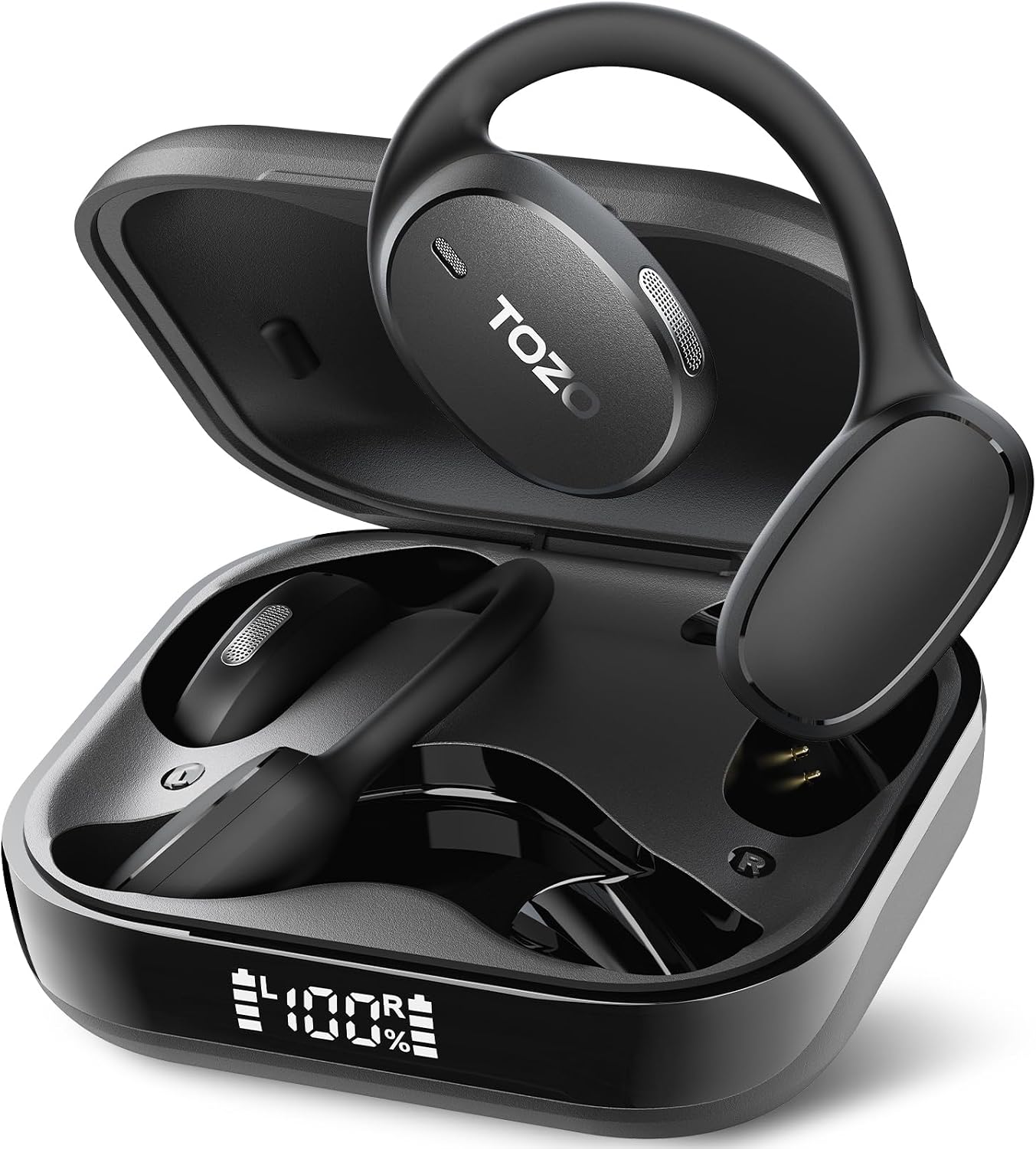 TOZO OpenEarRing Open Ear Earbuds 40H Bluetooth 5.4 Lightweight Comfort Open Ear Clip On Wireless Earbuds with Smart Digital LED Display, Stable Connection, Secure Fit for Driving Workout