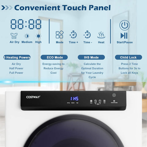COSTWAY Compact Portable Dryer, with Touch Panel, 2 Modes, 3 Heating Powers and Adjustable Exhaust Vent, 8.8 LBS Front Load Tumble Laundry Dryer for Apartment, Dorm and Home, 1400W, White