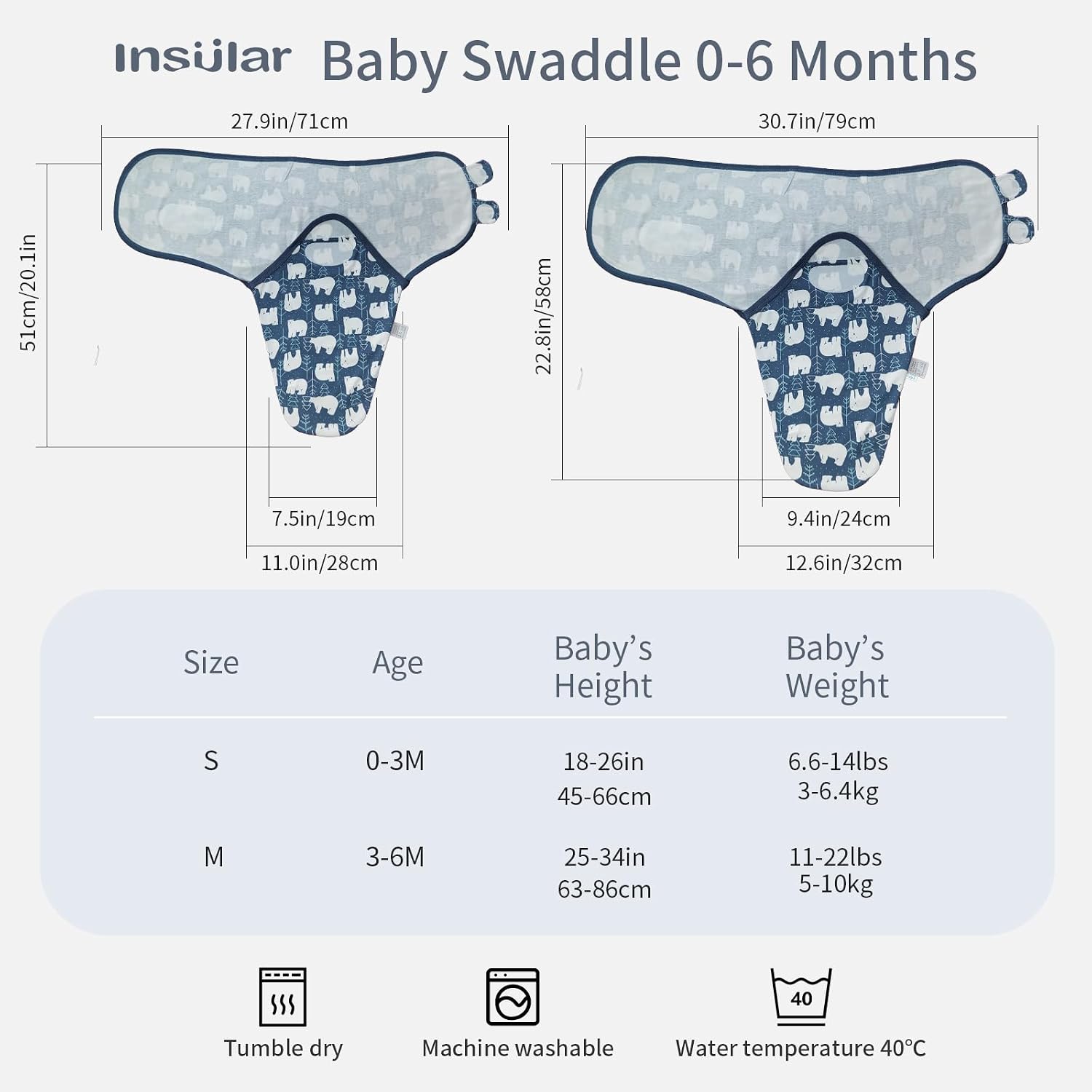 insular Baby Swaddle Wrap, Swaddle Blanket for Newborn and Infant, Adjustable Velcro Swaddling Set for Boy and Girl, Soft Cotton Baby Sleep Sack 3 Pack, Bear, Small(0-3 Month)