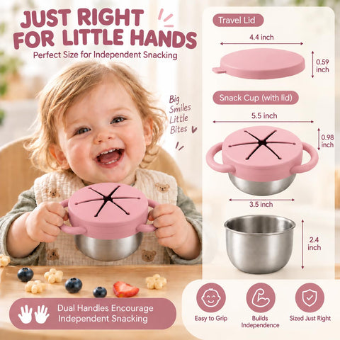 Bufilea 2 Pack Snack Containers for Toddlers, Stainless Steel Toddler Snack Cups with Silicone Food Catcher & Lids,Snack Cups for toddlers Spill Proof