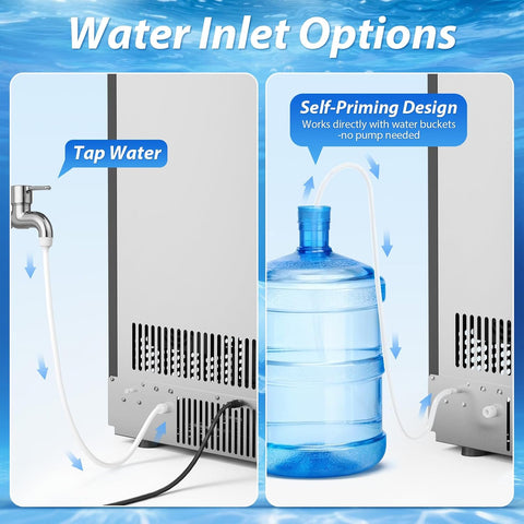 Commercial Ice Maker Machine, 150lbs/24H Stainless Steel Under Counter ice Machine with 55 Ice Cubes, Self-Priming Gallon Water& Facuet Water Inlet, Self Clean,45LB Storage Bin for Bar, Garage, Home