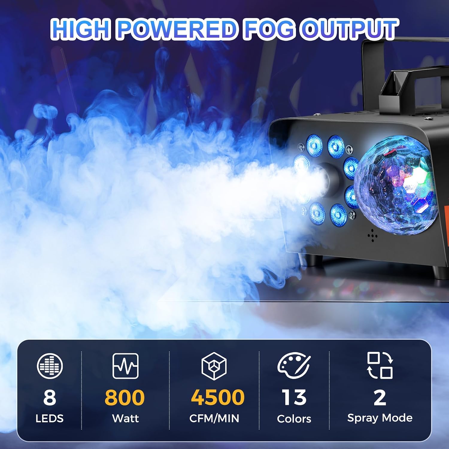 800W Fog Machine, 4500CFM for Halloween, Disco Light & Remote