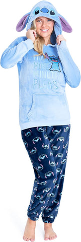 Disney Stitch Womens 2Pc Fleece Pajama Set, Plush Loungewear with Hood, Minnie Eeyore Simba S–XL Sleepwear Gifts for Women