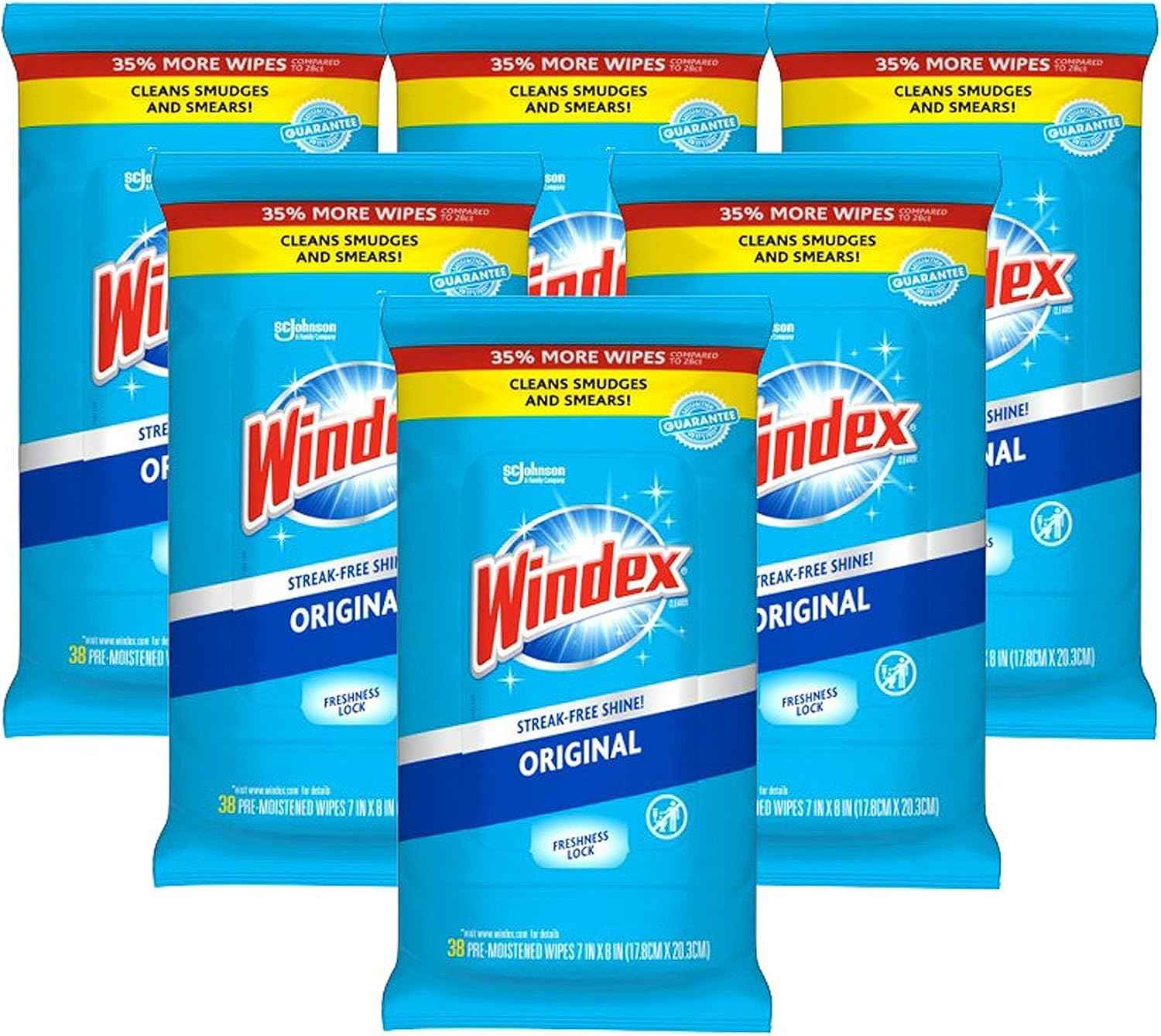 Windex Wipes Glass Cleaning, Pre-Moistened Glass and Surface Wipes to Clean Home Surfaces, Household Essentials, Original Scent, 38 Count (Pack of 6)