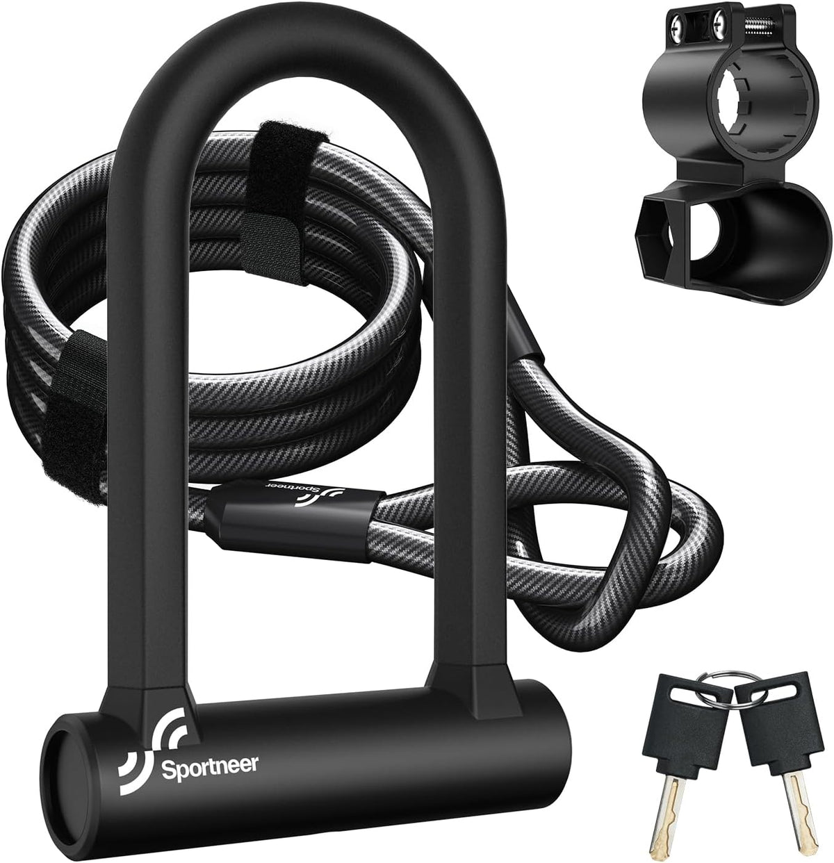 Sportneer Bike Lock: Heavy Duty Anti Theft Bike U Lock with 5ft Security Steel Cable - 17mm Shackle Bicycle U-Locks with 2 Keys & Mounting Bracket for Road Mountain Bike, Size 7.76''x5.02'', 1.64lb