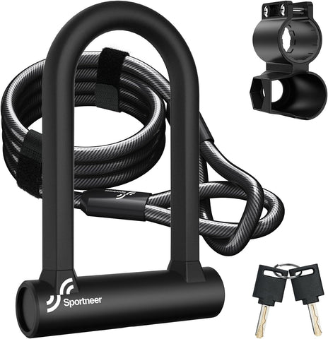 Sportneer Bike Lock: Heavy Duty Anti Theft Bike U Lock with 5ft Security Steel Cable - 17mm Shackle Bicycle U-Locks with 2 Keys & Mounting Bracket for Road Mountain Bike, Size 7.76''x5.02'', 1.64lb