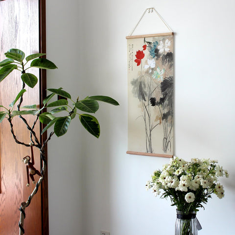 xinyuru Chinese Landscape Flower Poster,Plants Lotus Canvas Wall Art,Oak Wood Scroll Painting Decor for Bedroom Living room (Lotus 1+2, 16”x32”x2piece)