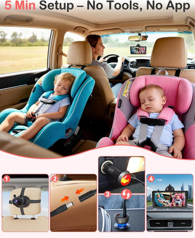 Dual Baby Car Camera HD 1080P: 6.9" Split-Screen Monitor for 2 Kids & Twins