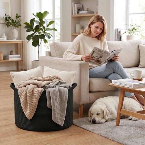 90L Extra Large Blanket Basket,Woven Rope Laundry Basket-Black