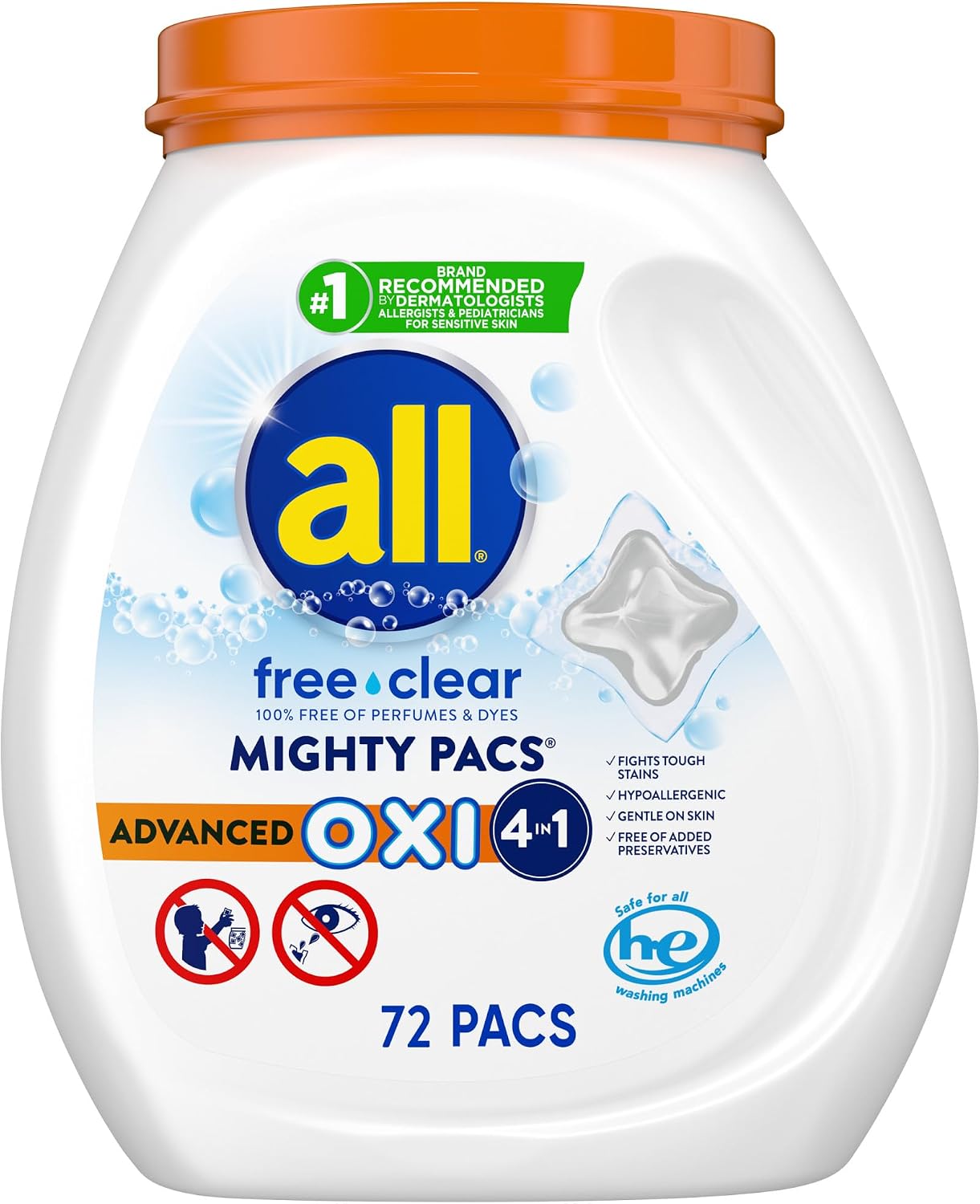 all Laundry Detergent Pacs, Advanced OXI, Unscented, 56 Count, Pack of 2 | Stainfighting power, hypoallergenic formula, dye free, dermatologist tested, HE compatible, fragrance free, unscented