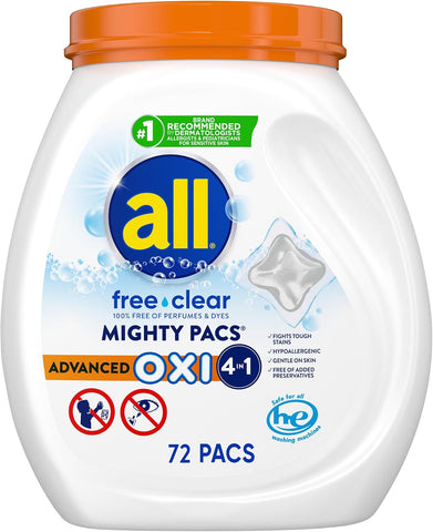 all Laundry Detergent Pacs, Advanced OXI, Unscented, 56 Count, Pack of 2 | Stainfighting power, hypoallergenic formula, dye free, dermatologist tested, HE compatible, fragrance free, unscented