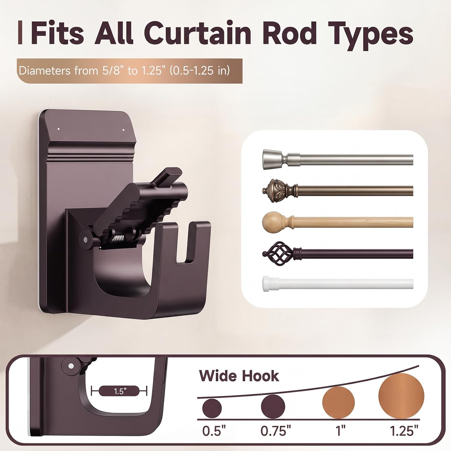 Heavy Duty Curtain Rod Brackets, No Drill Curtain Rod Brackets with Adhesive & Invisible Nail, 30+LB Load Curtain Rod Holders, Damage Free Curtain Rod Hooks for Wall, Bathroom, Kitchen 4PC Bronze