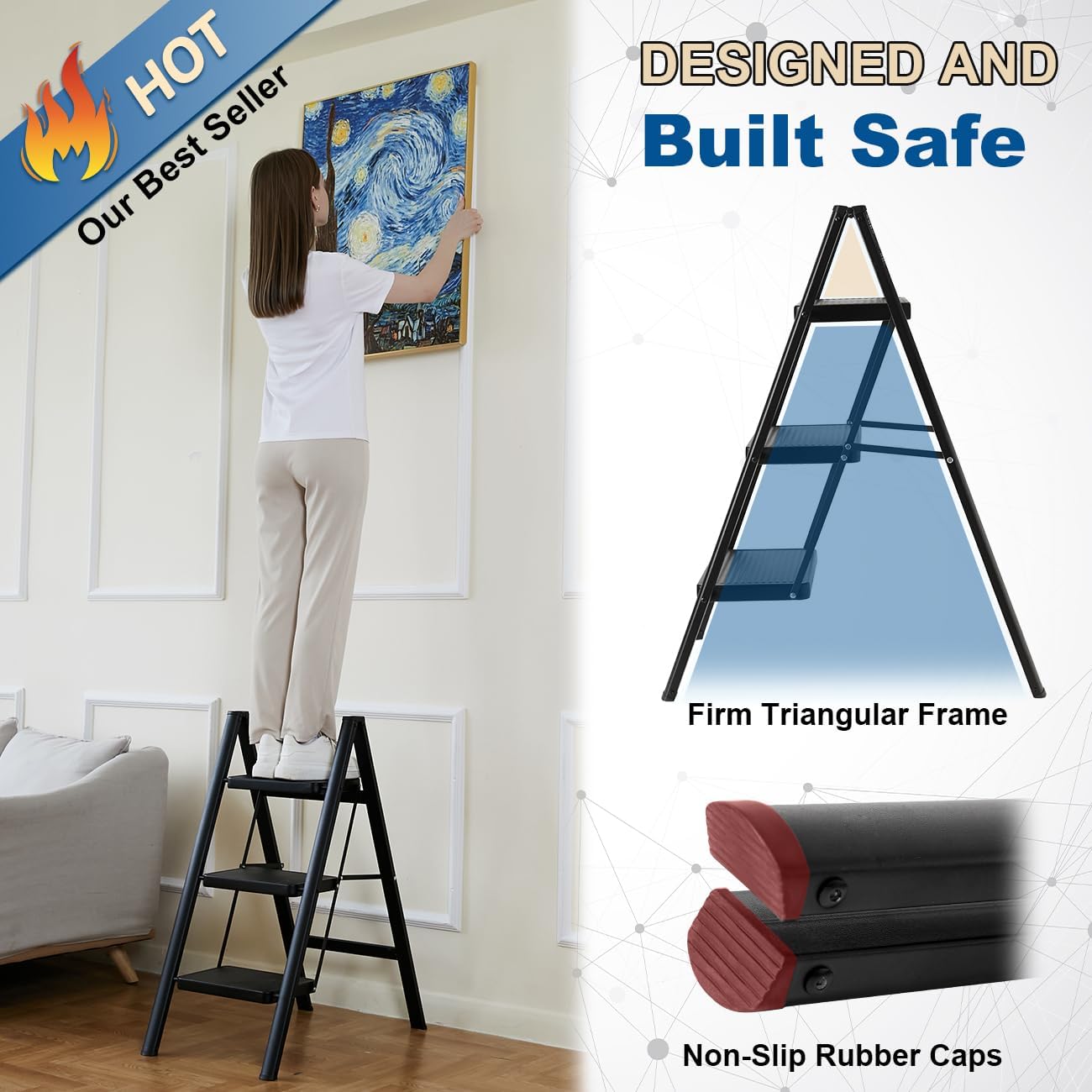 Double Elite Folding 3 Step Ladder, Sturdy Small Step Stool for Adults, Safer Full Steel Multi-use Kitchen Ladder for Home, Closet Step Stool Ladder with Wide Pedals, Black, 3-Step