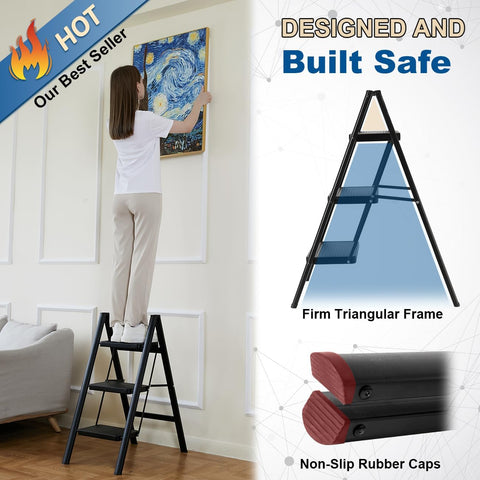 Double Elite Folding 3 Step Ladder, Sturdy Small Step Stool for Adults, Safer Full Steel Multi-use Kitchen Ladder for Home, Closet Step Stool Ladder with Wide Pedals, Black, 3-Step