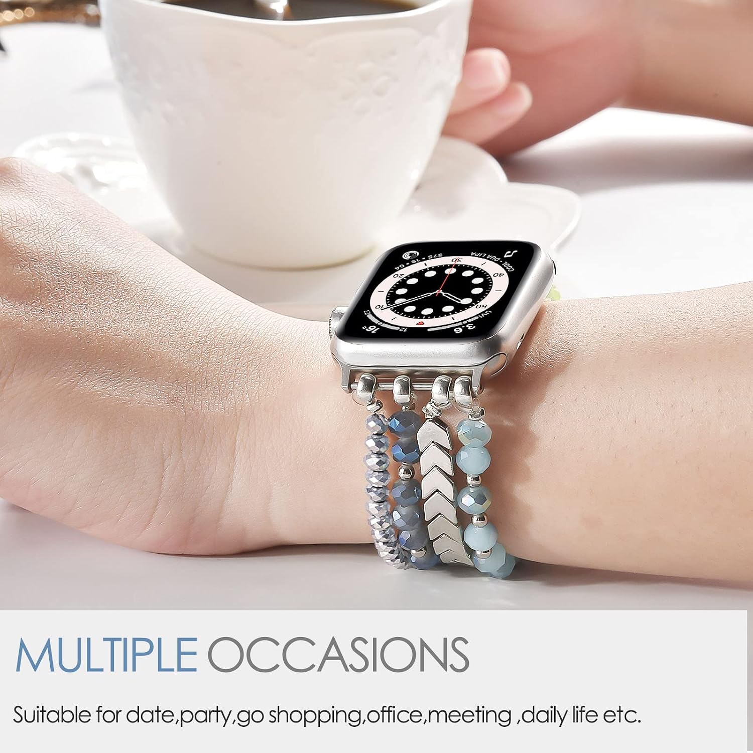 MOFREE Beaded Bracelet Compatible with Apple Watch Band 38mm/40mm/41mm/42mm, Fashion Elastic Stretch Women Bands for iWatch Series 11/10/9/8/7/SE/6/5/4/3/2/1 iPhone Watch Strap Bands (Blue/Silver)