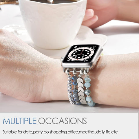 MOFREE Beaded Bracelet Compatible with Apple Watch Band 38mm/40mm/41mm/42mm, Fashion Elastic Stretch Women Bands for iWatch Series 11/10/9/8/7/SE/6/5/4/3/2/1 iPhone Watch Strap Bands (Blue/Silver)
