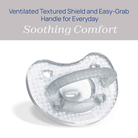 Chicco PhysioForma Luxe Orthodontic Pacifier for Babies 0-6 Months, One-Piece 100% Soft Silicone, Supports Breathing, Textured Shield & Handle, Included Sterilizing Case, BPA Free, 2-Pack, Crystal