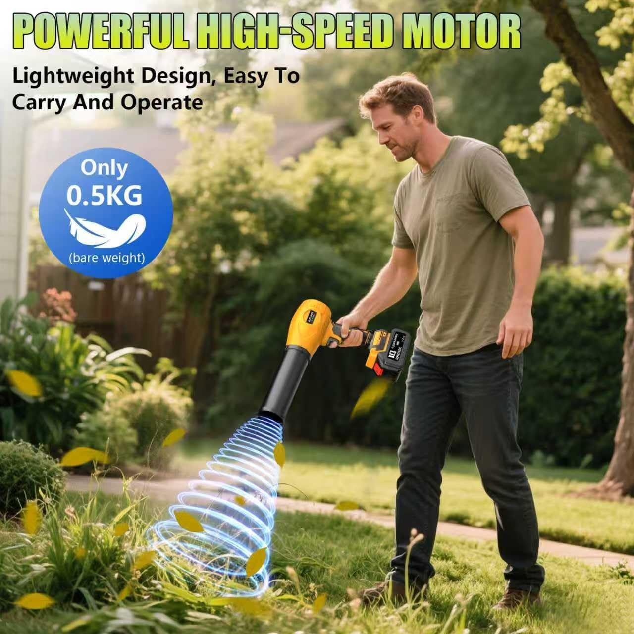 Leaf Blower Cordless, 21V Electric Handheld Leaf Blower with 2×2.0Ah Batteries & Fast Charger, Adjustable Speed, Powerful Airflow, Lightweight for Lawn Care/Yard/Leaves/Dust, Black Yellow