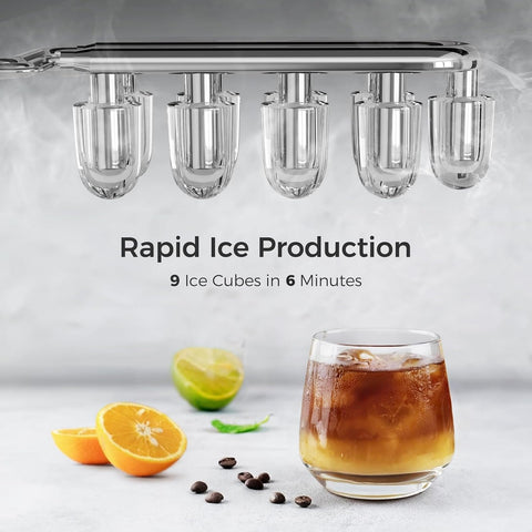 Crzoe Ice Makers Countertop, Ice Machine with Handle, 26Lbs in 24Hrs, 9 Cubes Ready in 6 Mins, Self-Cleaning Portable Ice Maker, 2 Sizes of Bullet Ice Cubes for Home and Office(Black)