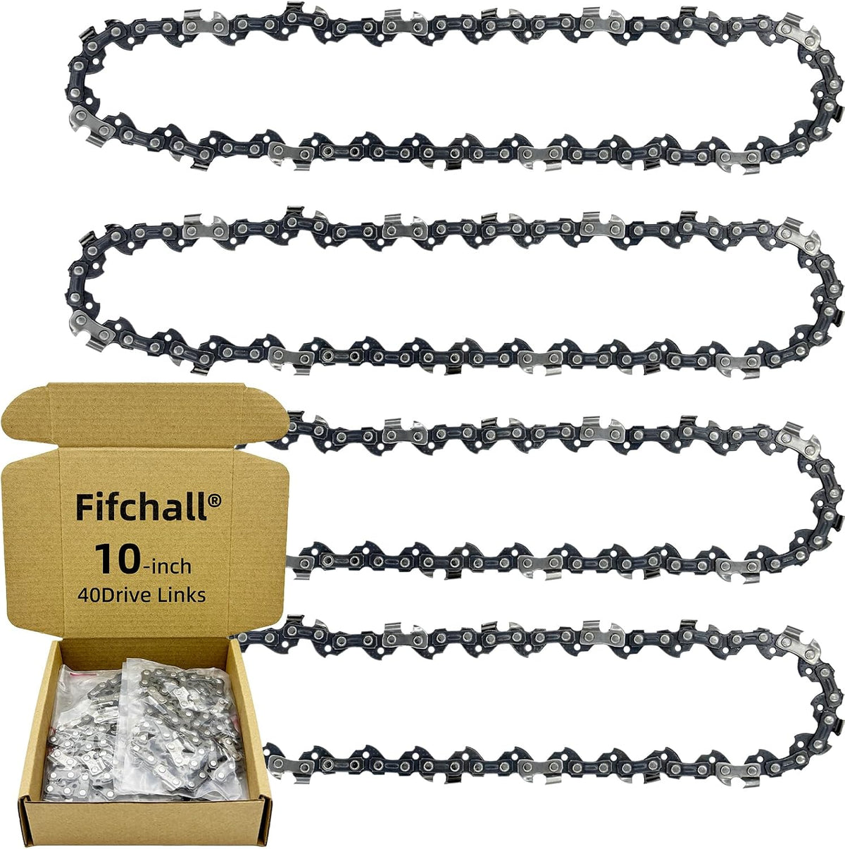 4 Pack 10 Inch Chainsaw Chain S40 3/8" LP Pitch .050" Gauge 40 Drive Links, 10-inch Replacement Chains Fits Remington, Greenwork, Sunjoe, Worx, Craftsman and More