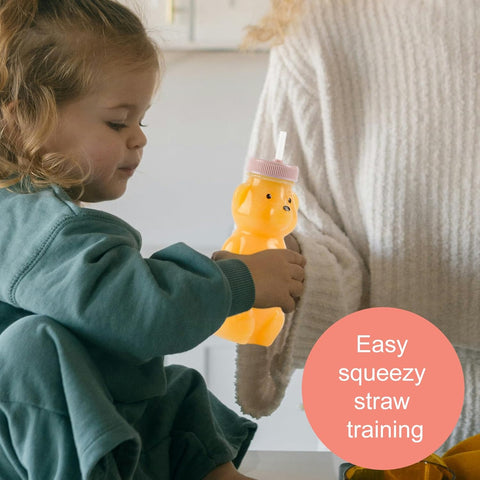 Honey Bear Straw Cups, Juice Bear Bottle Drinking Cup Long Straws with 4 Flexible Straws & Cleaning Tools, 8-Ounce Therapy Sippy Bottles for Speech and Feeding Training, Food-Grade & BPA Free 2 Pack