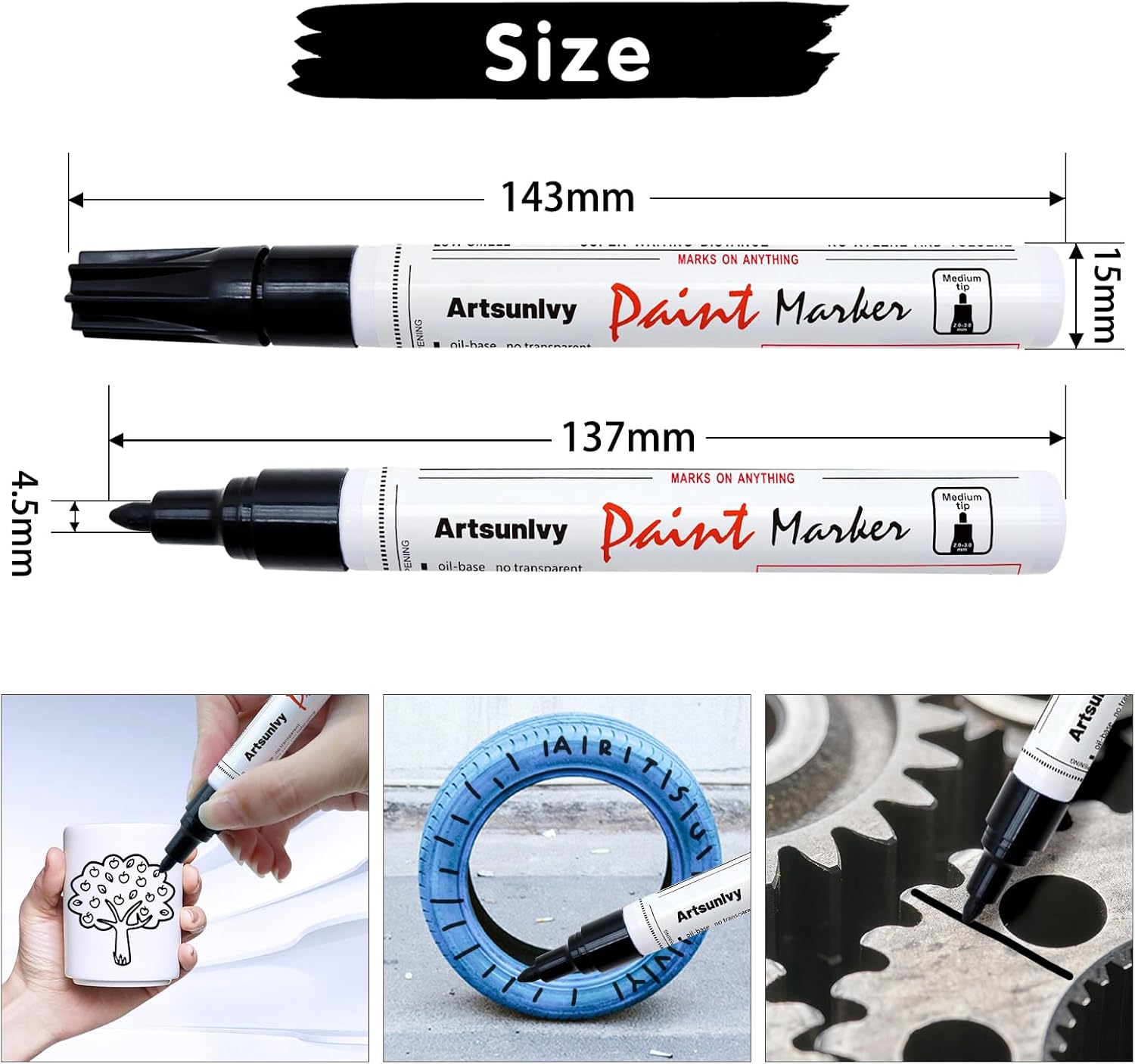 Artsunlvy Black Paint Pens Permanent Markers - 2 Pack Oil Based Quick Dry Waterproof Markers for Plastic, Tire, Rubber,Wood, Rocks, Metal, Canvas, Dark Surface,Craft Art Supplies,Medium Point