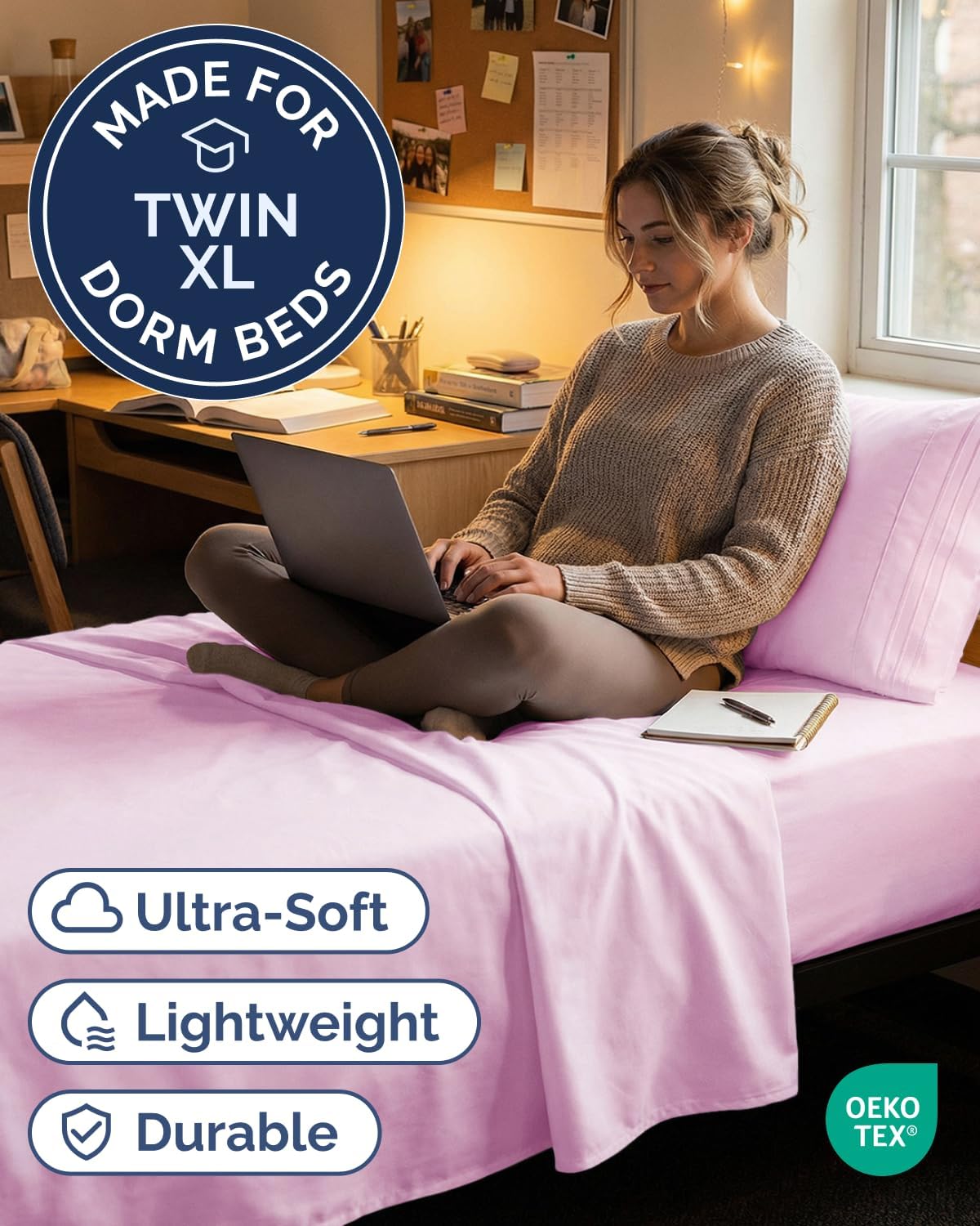 Twin XL 3 Piece Sheet Set - College Dorm Room Essentials - Light Pink