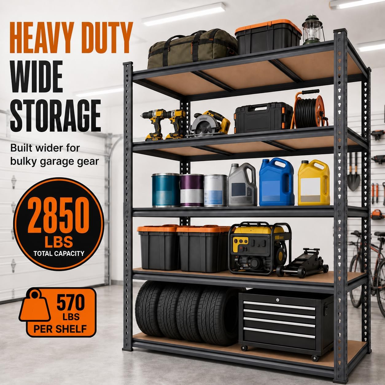 46 Inch Garage Shelving 2850 LBS, Heavy Duty 5-Tier Storage Rack