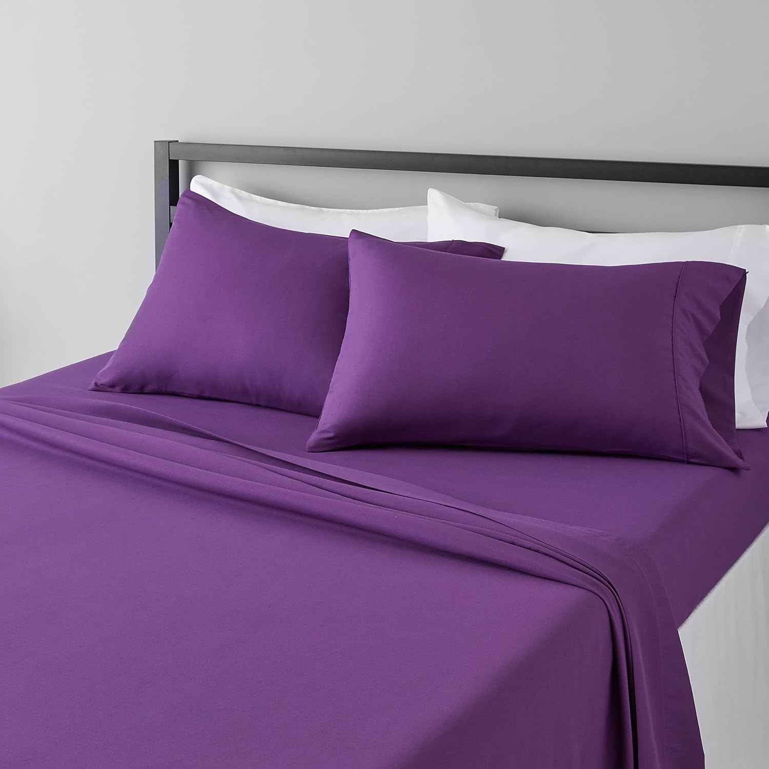 Amazon Basics Lightweight Super Soft, Comfortable, Breathable, Wrinkle Resistant Microfiber 4 Piece Bed Sheet Set with 14-Inch Deep Pockets, Queen, Plum, Solid