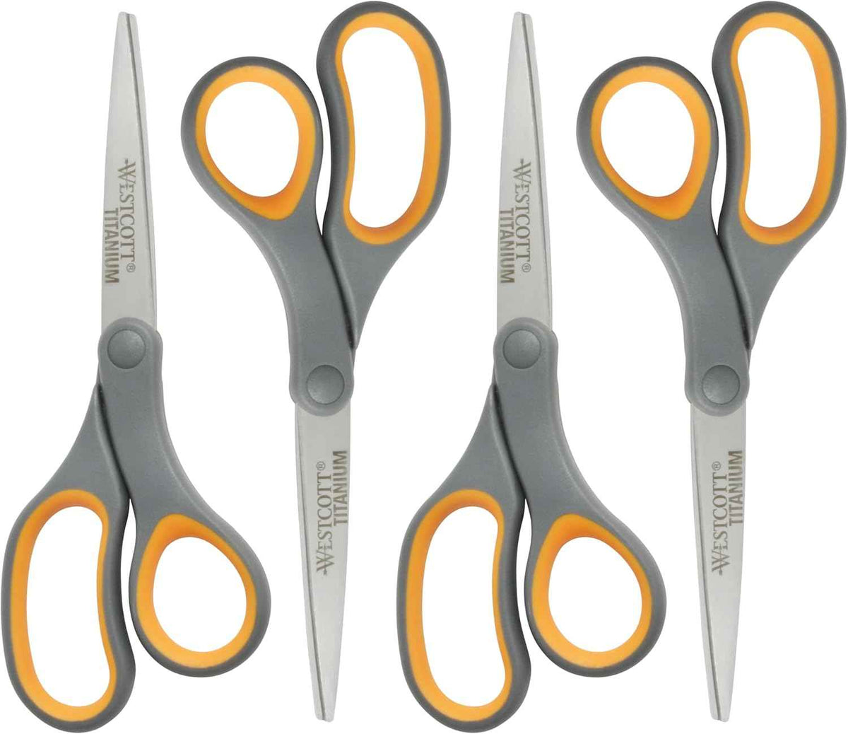 Westcott 8-Inch Titanium Bonded Straight Scissors, Soft Handle, Gray/Yellow, 4-Pack