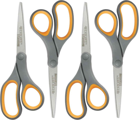 Westcott 8-Inch Titanium Bonded Straight Scissors, Soft Handle, Gray/Yellow, 4-Pack