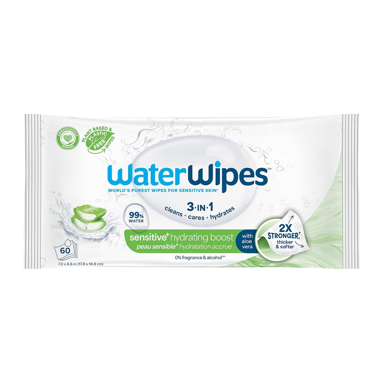 WaterWipes Sensitive+ Hydrating Boost Wipes, 3-In-1 Cleans, Cares, Hydrates, 99% Water with Aloe Vera, Unscented & Hypoallergenic Baby Wipes, 60 Count (1 Pack)
