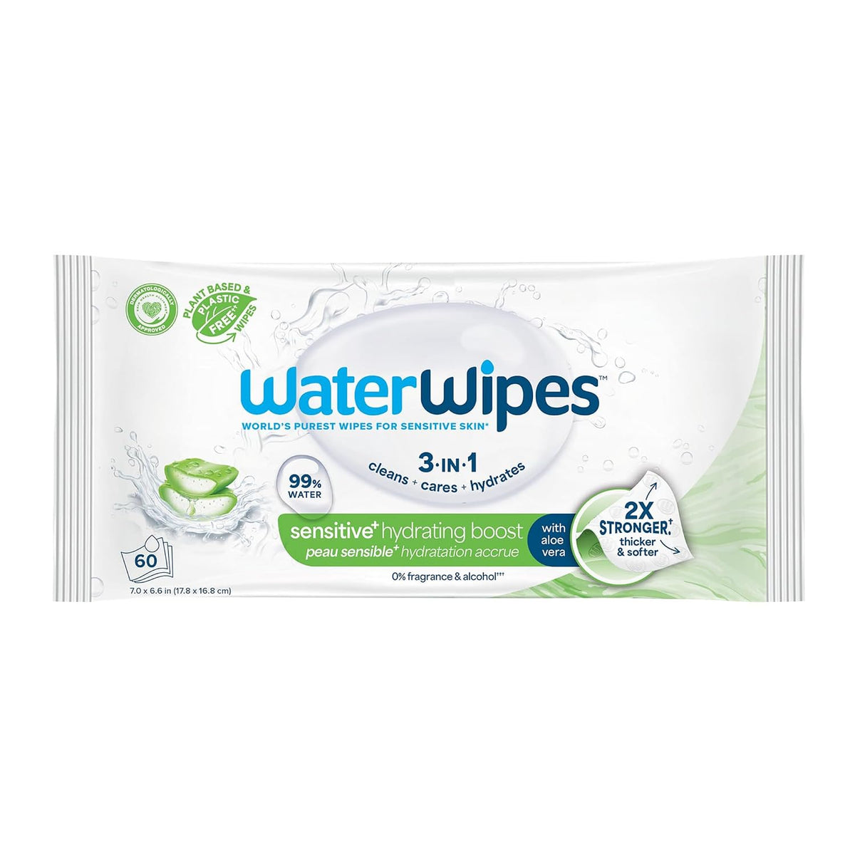 WaterWipes Sensitive+ Hydrating Boost Wipes, 3-In-1 Cleans, Cares, Hydrates, 99% Water with Aloe Vera, Unscented & Hypoallergenic Baby Wipes, 60 Count (1 Pack)