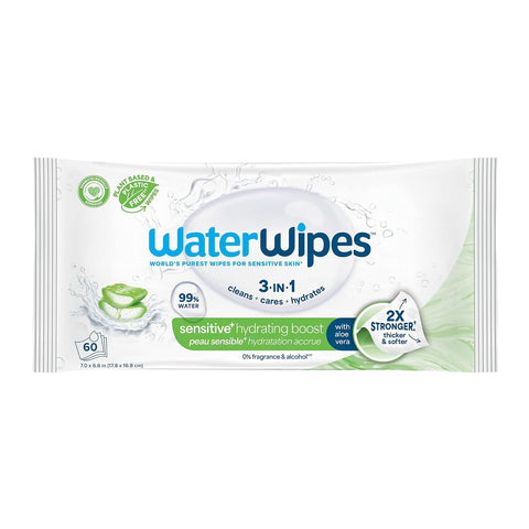 WaterWipes Sensitive+ Hydrating Boost Wipes, 3-In-1 Cleans, Cares, Hydrates, 99% Water with Aloe Vera, Unscented & Hypoallergenic Baby Wipes, 60 Count (1 Pack)