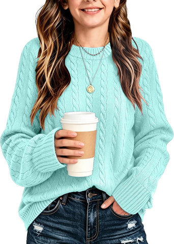 Girls Sweaters Winter Tops Kids School Picture Teen Fashion Long Sleeve Crew Neck Cable Knit Casual Fall Cozy Pullover