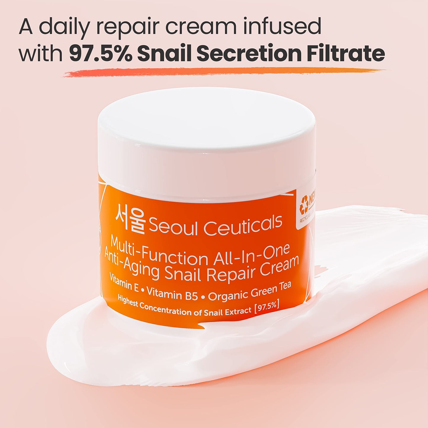 SeoulCeuticals Korean Skin Care 97.5% Snail Mucin Moisturizer Cream - K Beauty Skincare Day & Night Snail Repair Cream Filtrate Cruelty Free 2oz