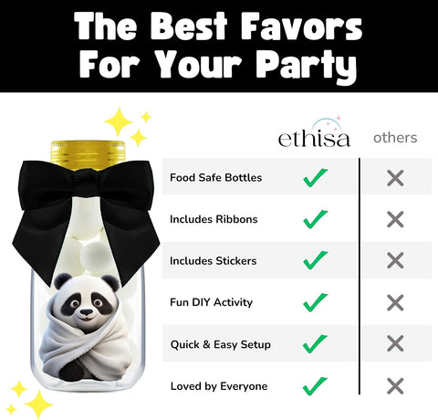 Ethisa Small 12 Pack Panda Party Favors - DIY Candy Jars with Ribbons and Stickers - Party Decoration Bottles for Birthday and Baby Shower - Panda Table Centerpieces