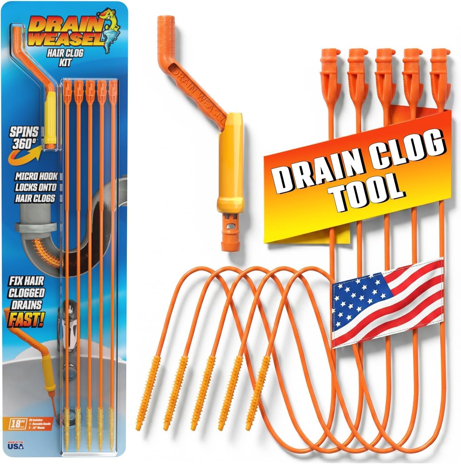 FlexiSnake Drain Weasel Sink Snake Hair Clog Remover Tool Kit, 5 Wands