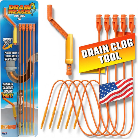 FlexiSnake Drain Weasel Sink Snake Hair Clog Remover Tool Kit, 5 Wands