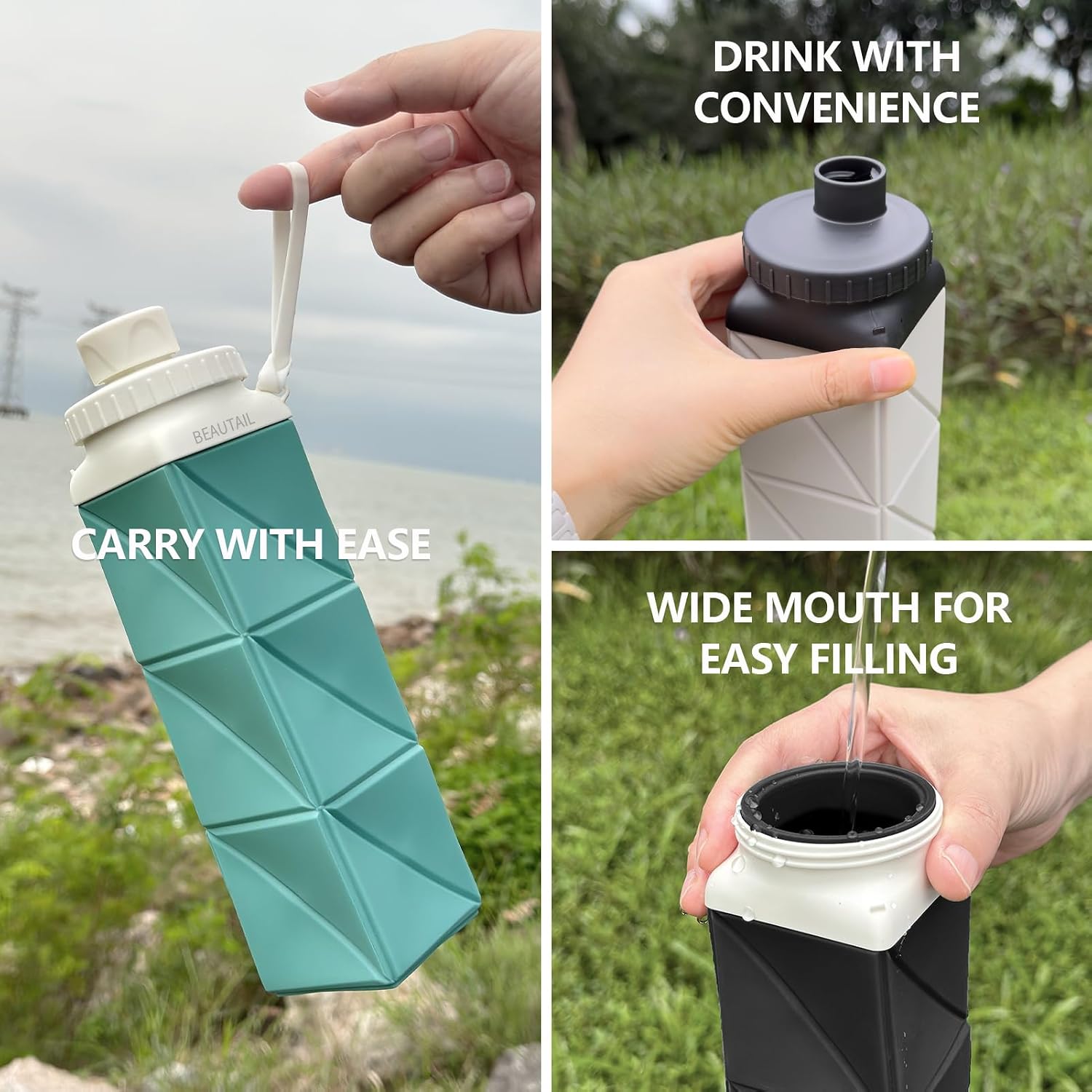 BEAUTAIL Collapsible Water Bottles 21 oz, Silicone Portable Water Bottle